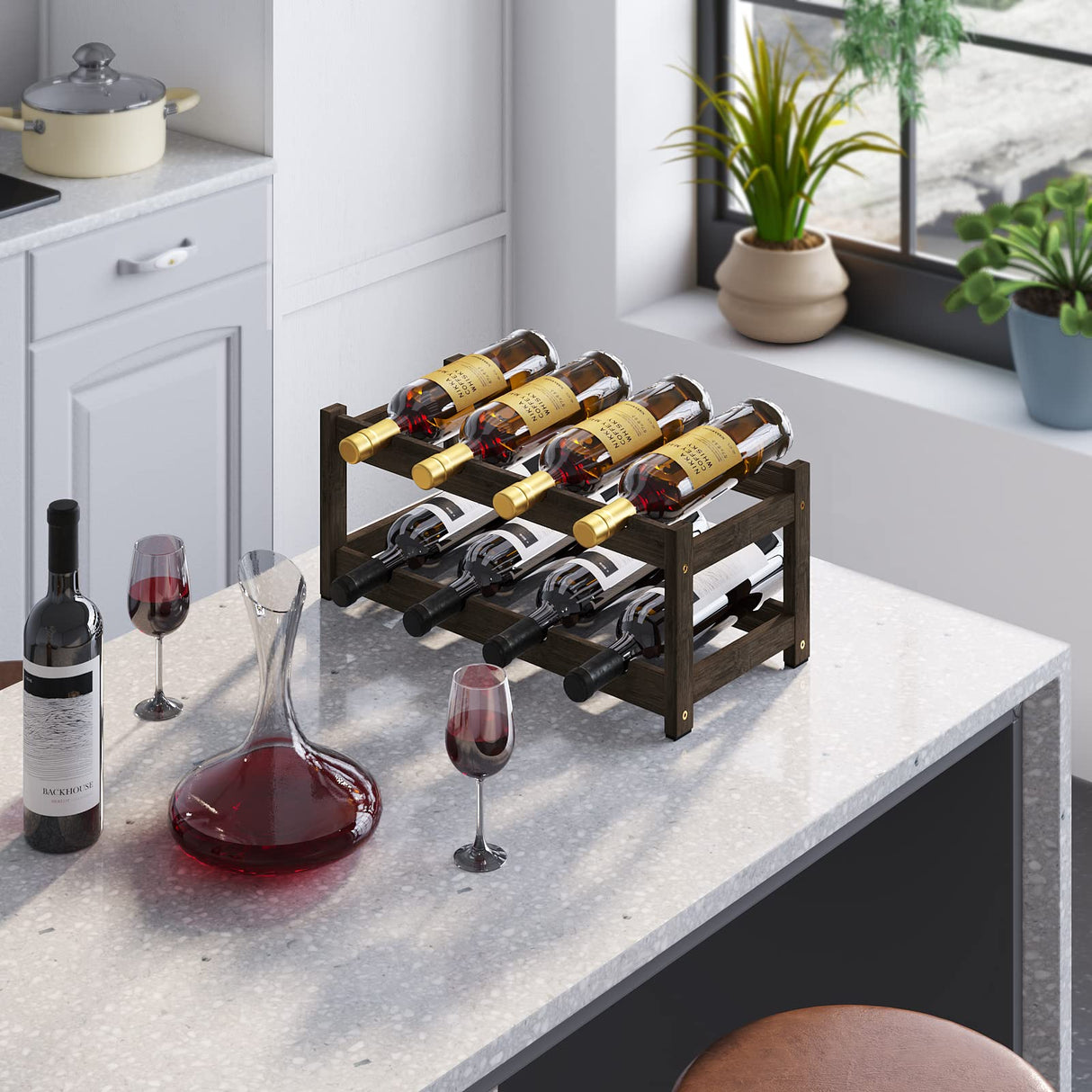 BAMEOS Wine Rack Freestanding 2 Tier 8 Bottle Bamboo Wine Racks Countertop Cabinet Wine Holder Wine Storage Shelf for, Bar, Pantry Wine Cellar Basement Countertop Mocha (16.85 L x 9.25W x 7H BAMEOS