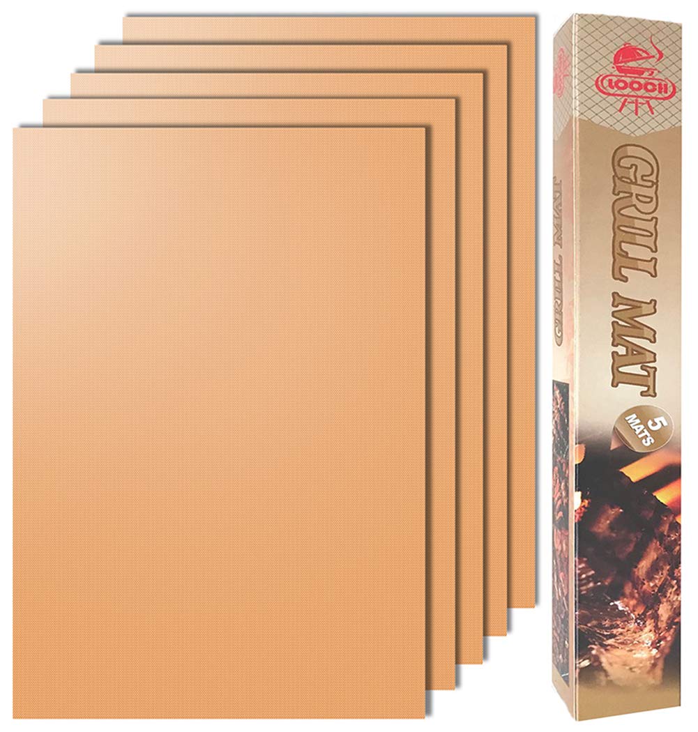 LOOCH Copper Grill Mat Set of 5 - Non-Stick BBQ Outdoor Grill & Baking Mats - Reusable and Easy to Clean - Works on Gas, Charcoal, Electric Grill and More - 15.75 x 13 Inch LOOCH