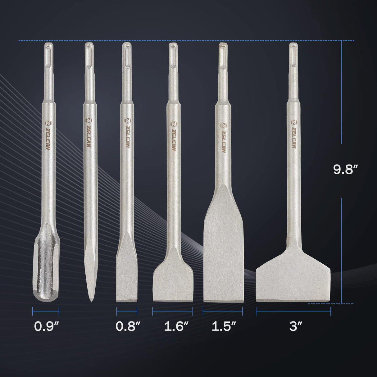 ZELCAN Chisel Set with SDS Plus Shanks, 6pc Masonry Concrete Drill Bit Set, Tile Grooving Scraping Flat Point Scaling Chisels 40Cr Steel Rotary Hammer Drill Tool Kit SDS Plus Bits for Home Improvement ZELCAN