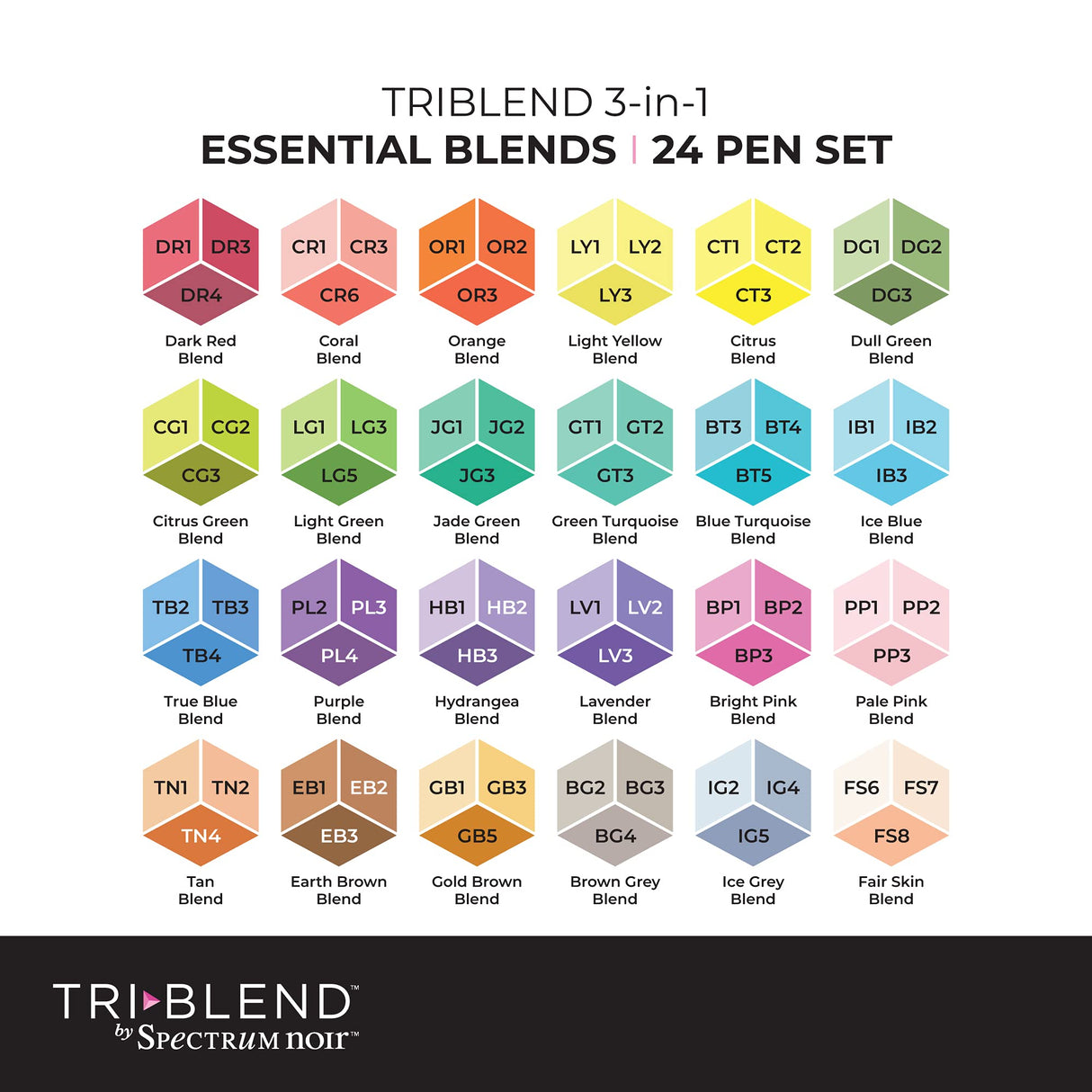 Spectrum Noir Triblend-Blendable Alcohol Marker Pens-Essential Blends-Set of 24, Multi Spectrum Noir