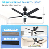 DSNAPE 52 Inch Black Ceiling fan with Lights, Ceiling Fan with Lights and Remote/APP Control, Reversible, Dimmable, 3CCT, Quite Ceiling fan for Living Room, Bedroom, Indoor Outdoor Use DSNAPE