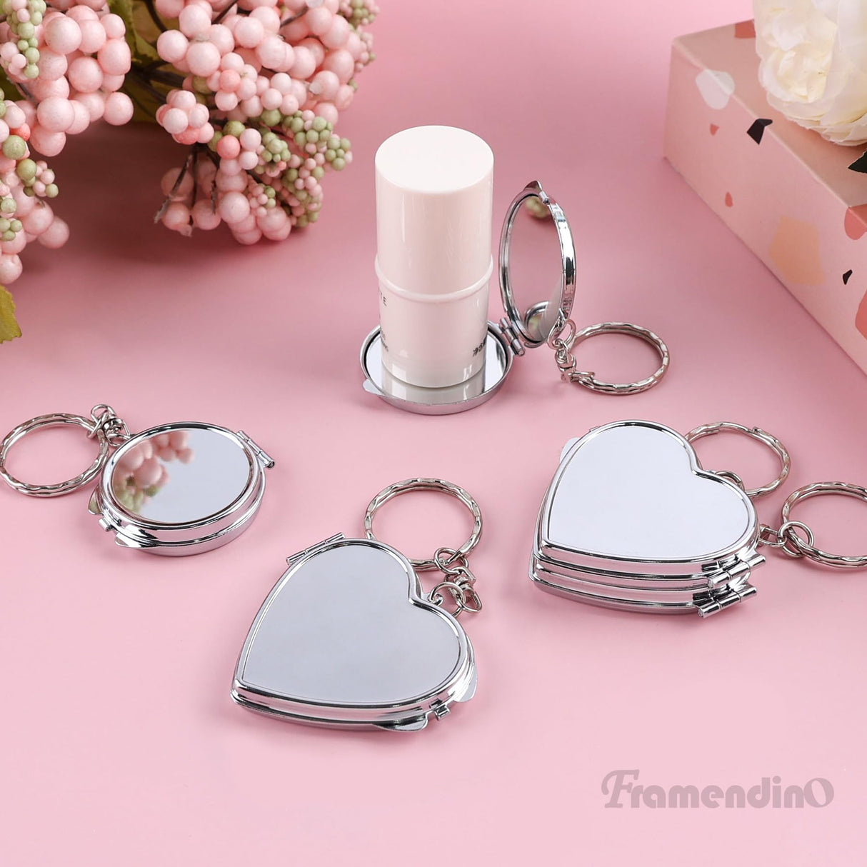 Framendino, 6 Pack Sublimation Blanks Pocket Mirror Compact Travel Folding Mirrors for Makeup Heart Round Framendino