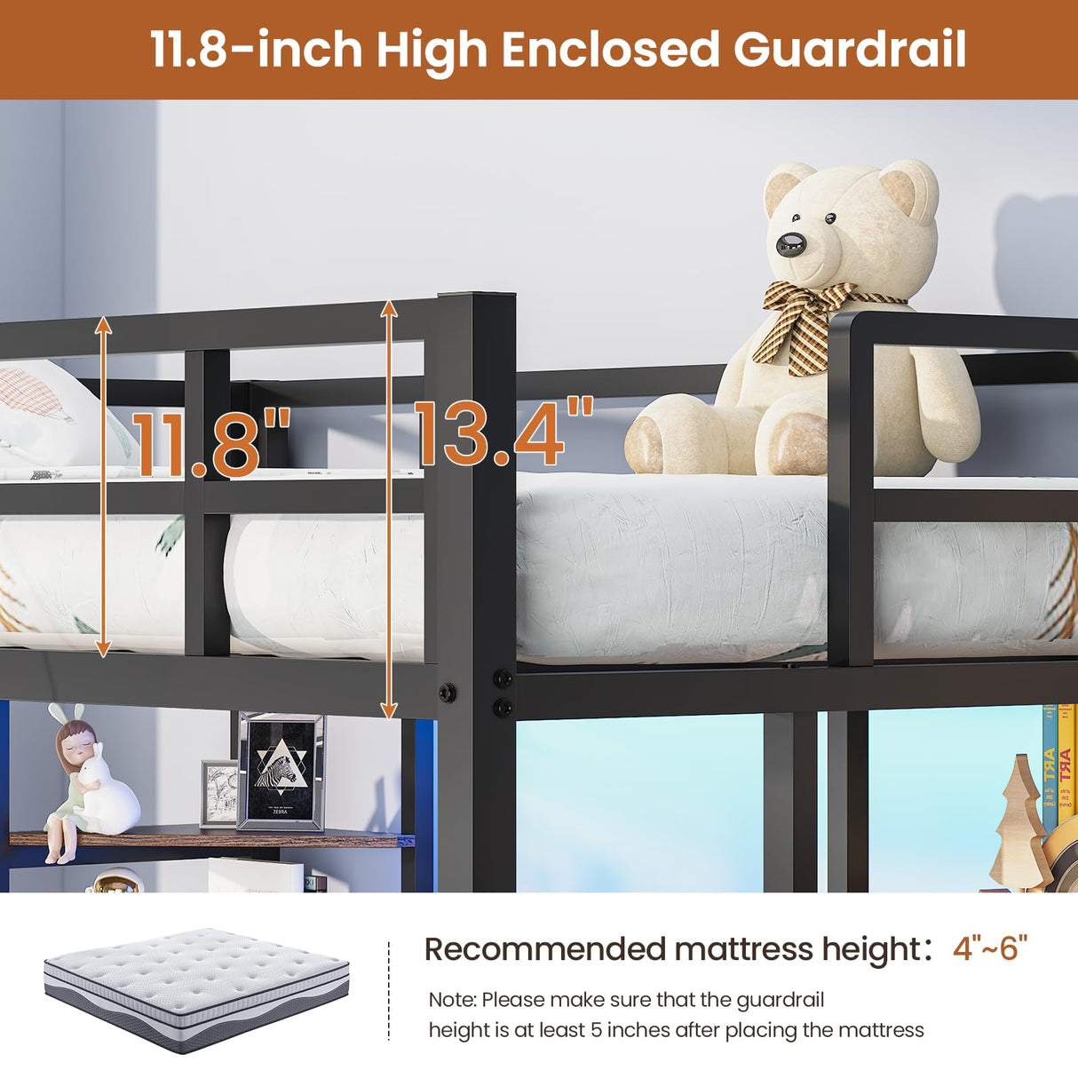 MSmask Loft Bed Twin Size with L Shaped Desk, LED Lights, Charging Station, Heavy Duty Metal Loft Bed Frame with 6 Storage Shelves, Safety Guard & Ladder, No Box Spring Needed, No Noise, Black MSmask