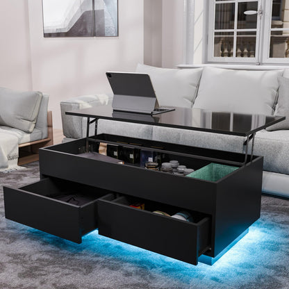 HOMMPA Lift Top Coffee Table with LED Light Morden Coffee Table with Storage High Gloss Black Coffee Table for Living Room Tea Table with Storage Center Tables Hidden Compartment & 2 Drawers - WoodArtSupply