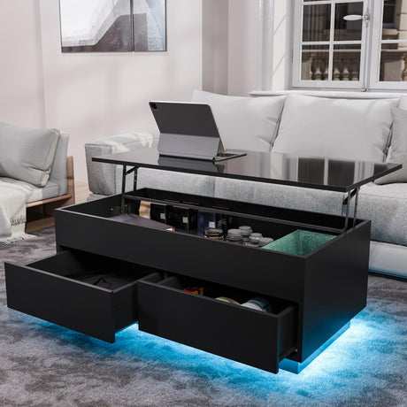 HOMMPA Lift Top Coffee Table with LED Light Morden Coffee Table with Storage High Gloss Black Coffee Table for Living Room Tea Table with Storage Center Tables Hidden Compartment & 2 Drawers HOMMPA