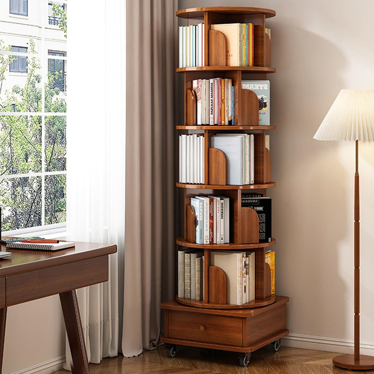 Elegant 360° Rotating Bookshelf with Storage - Compact Brown Design for Any Room LWQFHI