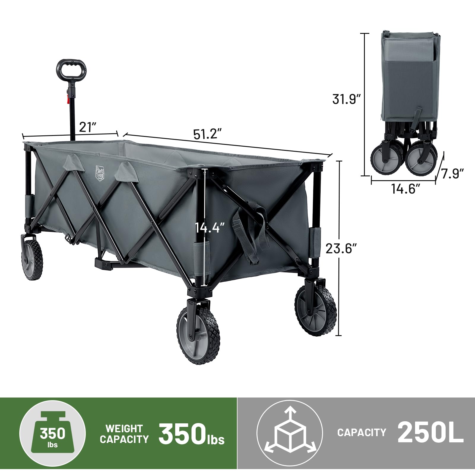 TIMBER RIDGE 51.2'' Extended Collapsible Wagon Cart with Cargo Net, 350LBS Heavy Duty Foldable Utility Wagon with Adjustable Handle, 250L Capacity Portable Cart for Camping Sports Shopping, G - WoodArtSupply