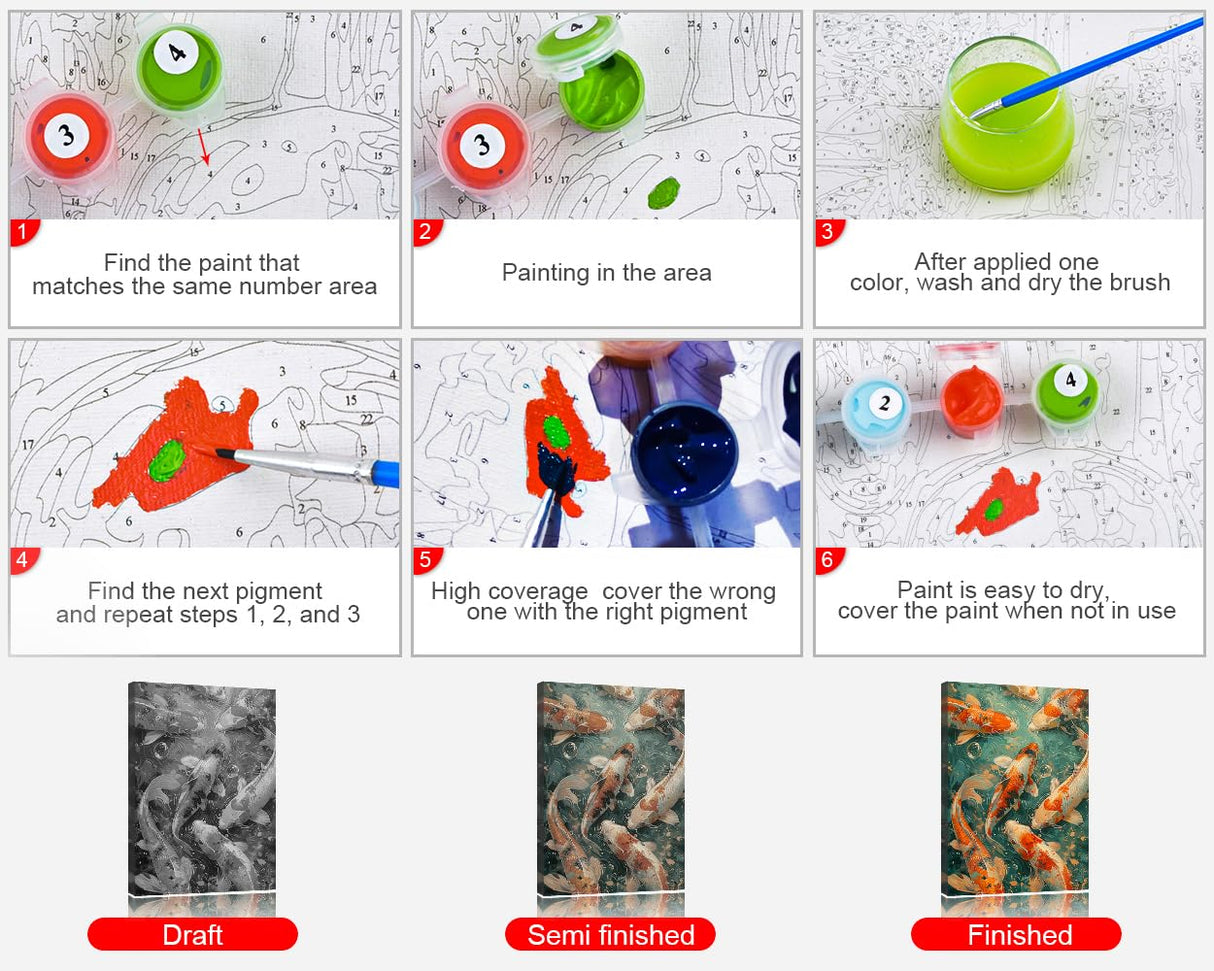 TUMOVO Koi Paint by Numbers, Japanese Koi Adult Paint by Number Kits, Paint-by-Number Kits Flower Color by Number Canvas Frameless with 3 Brushes DIY Oil Painting Kits Gift, 16 x20 Inch TUMOVO