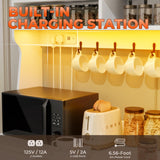 Gyfimoie Farmhouse Kitchen Pantry Cabinet with Power Outlet & LED Light, Large Coffee Bar Cupboard with Microwave Stand, 3 Doors & 3 Drawers, 7 Cup Holders & 8 Open Cubbies, Adjusted Shelves (White) Gyfimoie