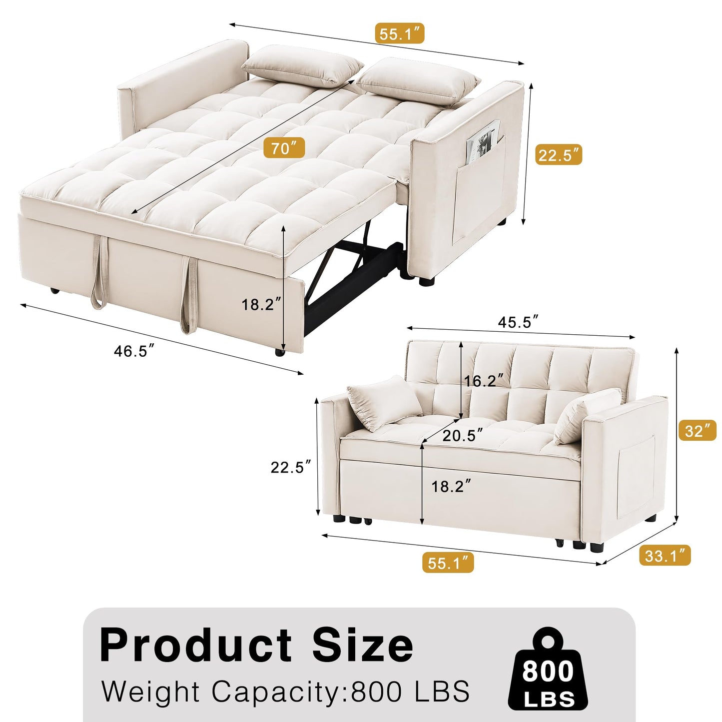 Wakefit 3 in 1 Convertible Sleeper Sofa Bed, Futon Couches for Living Room with Side Pocket | Adjustable Backrest| Velvet Fabric | Pull Out Couch | Recliner Loveseat | Sectional Sofa, Creamywhite