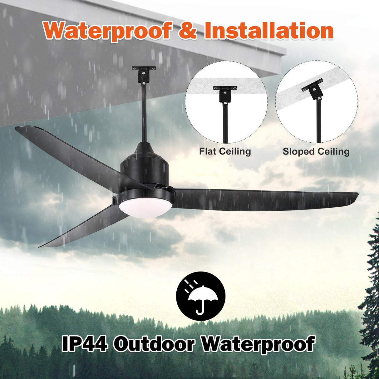 BZX Waterproof Outdoor Ceiling-Fan with Light - 52" Modern Ceiling Fans with 3 Colors LED Light, App & Remote Control, Quiet DC Motor, for Patios Gazebo, Black BZX