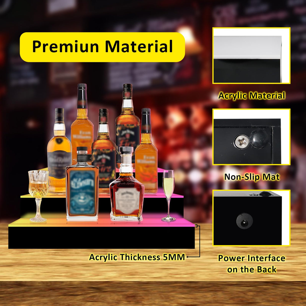 VONCI 16 Inch 3 Step LED Lighted Liquor Bottle Display Shelf, Bar Bottle Display Shelf with Remote Control and App Control for Home Commercial Bar Party VONCI