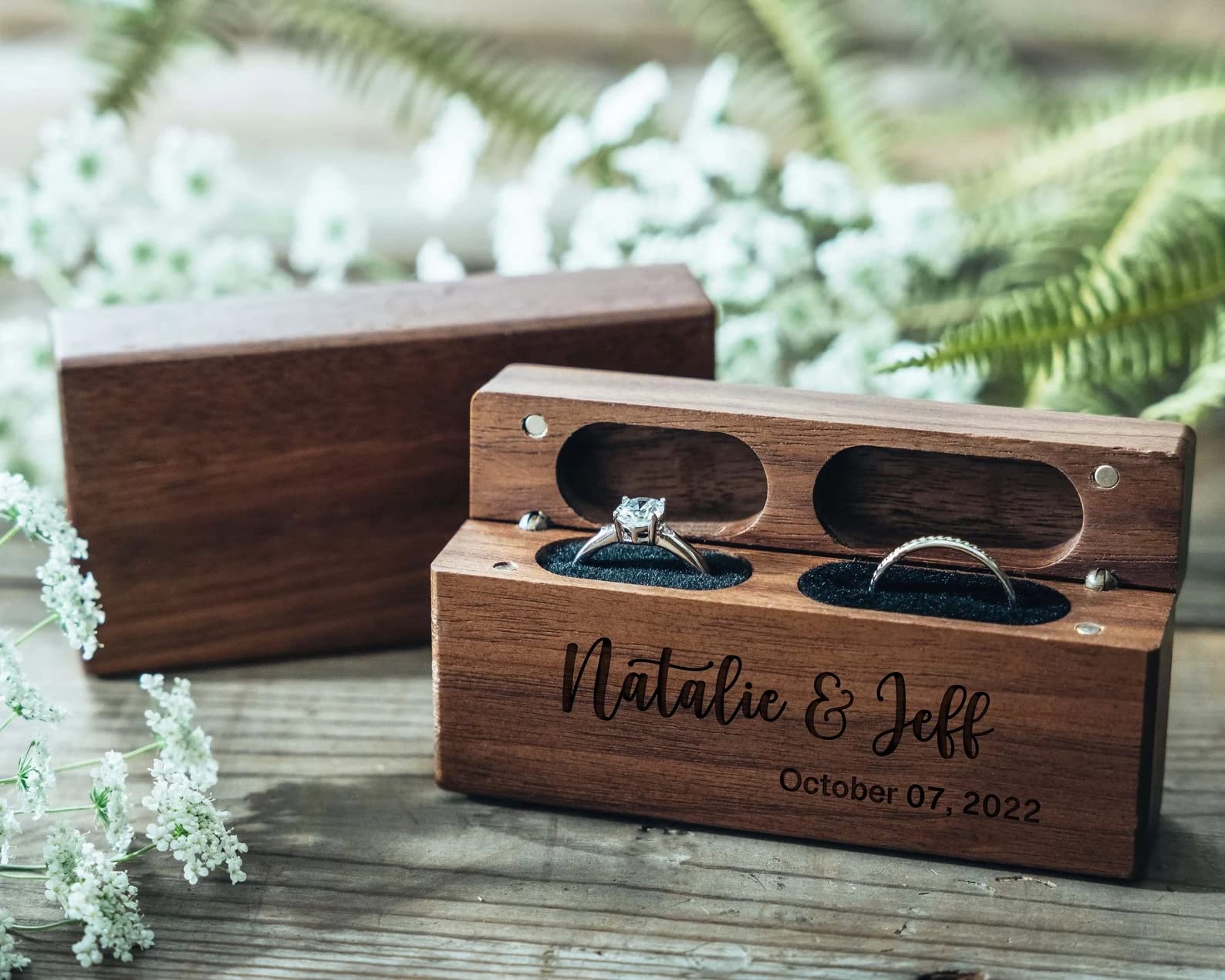 lmllml Custom Double Ring Box - Personalized Wooden Wedding Ring Box for 2 Rings Engraved Proposal Ceremony Ring Bearer Box, Wood Boho Box, Walnut - WoodArtSupply