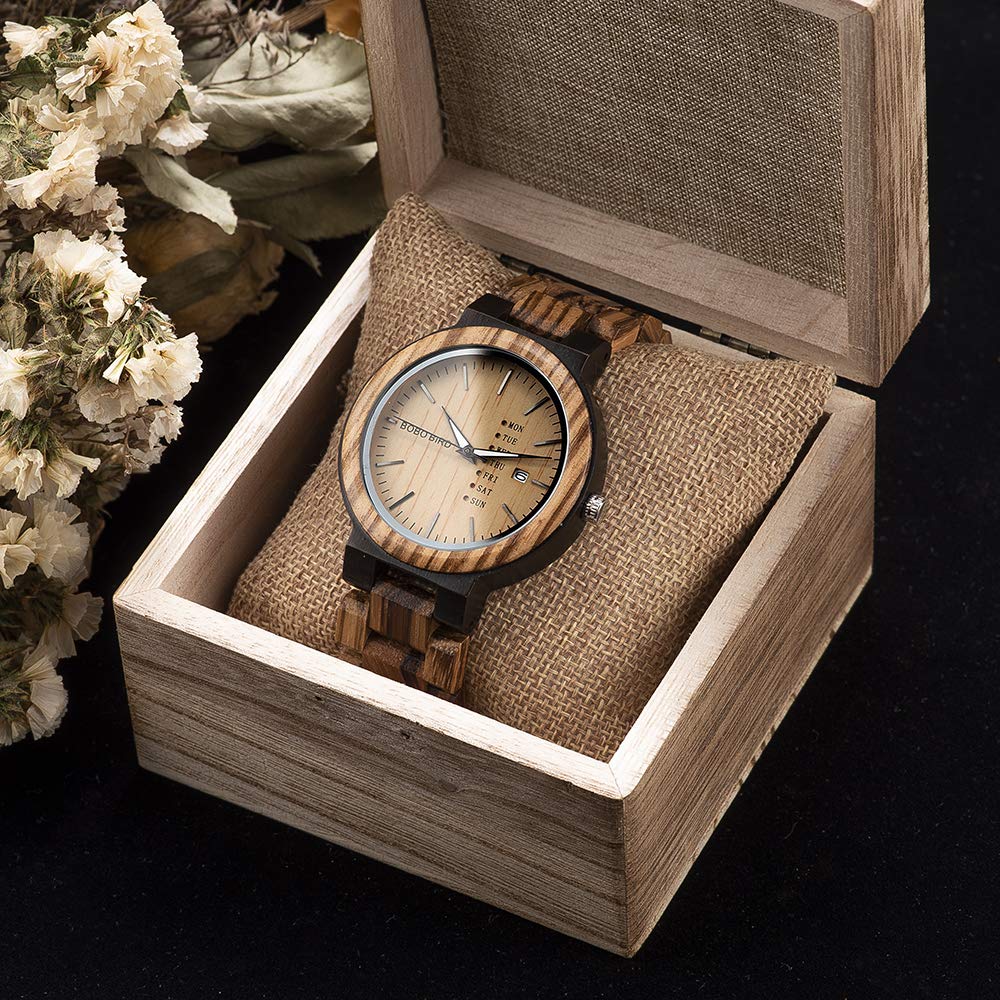 BOBO BIRD Mens Wooden Watch Analog Quartz with Week Display Lightweight Handmade Wood Wrist Watch for Men (Brown Dial) BOBO BIRD