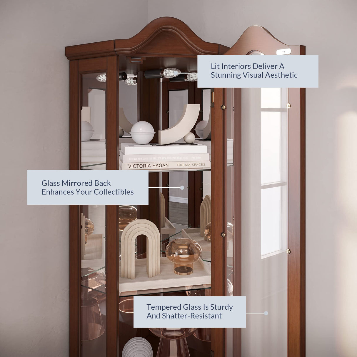 BELLEZE Lighted Corner Display Curved Top Curio Cabinet Wooden Shelving Unit with Tempered Glass Door, Bar and Liquor Storage Area with 5 Shelves - BELLEZE