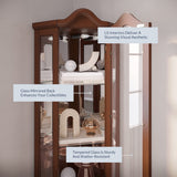 BELLEZE Lighted Corner Display Curved Top Curio Cabinet Wooden Shelving Unit with Tempered Glass Door, Bar and Liquor Storage Area with 5 Shelves - BELLEZE