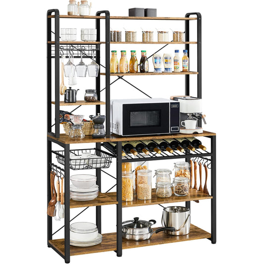 Yaheetech 43.5" Rustic Brown Kitchen Bakers Rack with Wine Rack & Pull-Out Wire Basket - WoodArtSupply