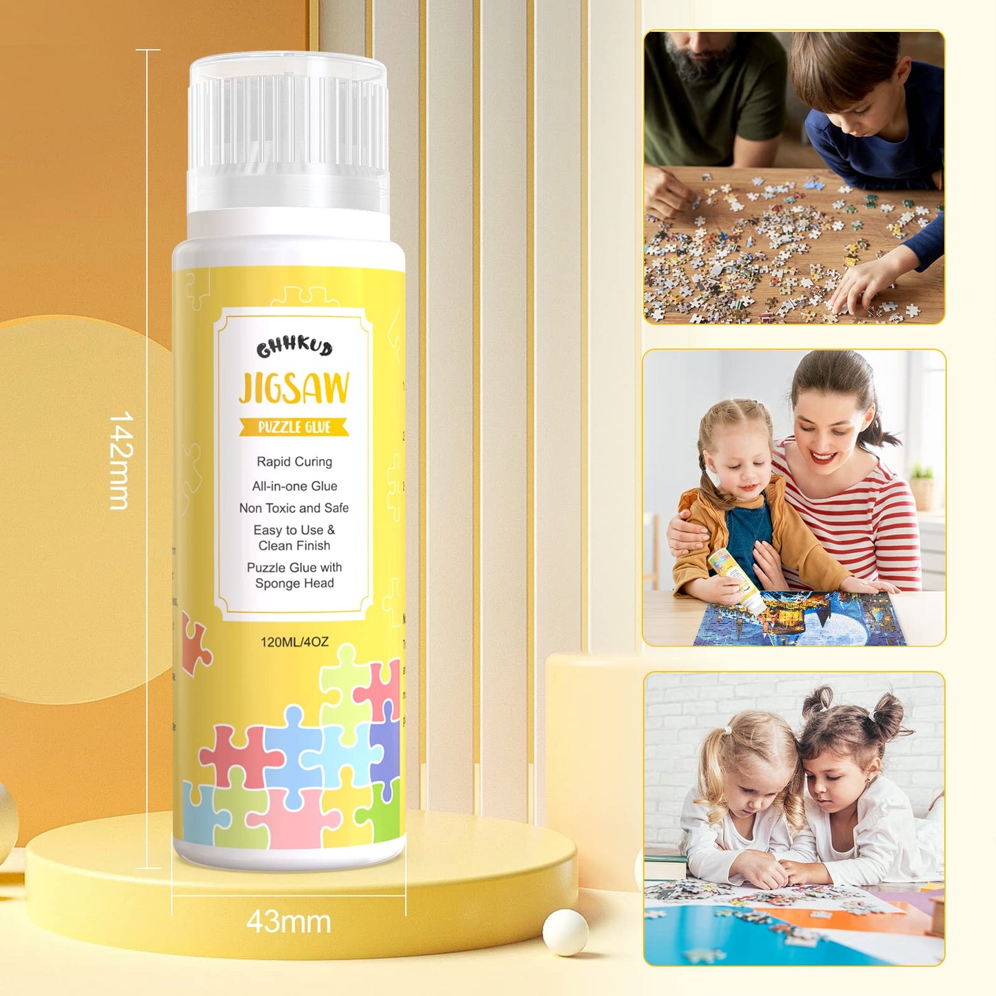 GHHKUD Jigsaw Puzzle Glue, 240ML Jigsaw Glue with Sponge Head, Non-Toxic and Quick Dry Puzzle Sealer for 4000/5000/6000 Pieces of Puzzle Jigsaw Accessories Glue Scrapper Included & Double-Sided Tape