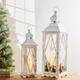 Glitzhome Large Farmhouse Wooden Metal Lantern Set of 2, 28.74" H/20.47" H Rustic Decorative Floor Candle Lanterns, Distressed Hanging Lanterns for Home Décor White (No Glass) Glitzhome