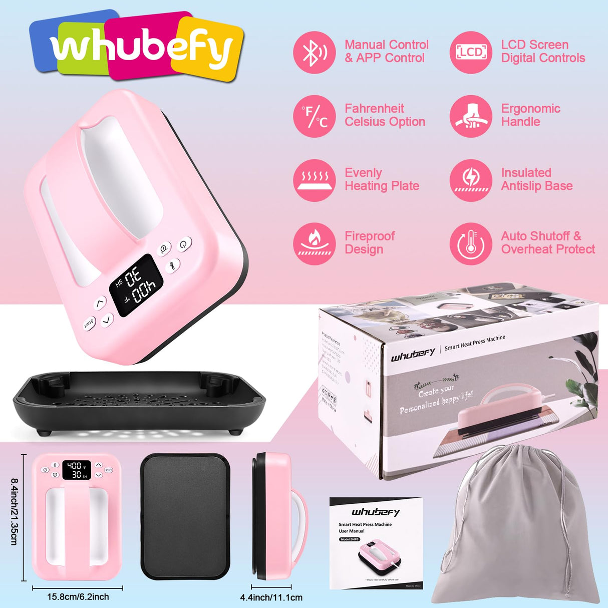 Whubefy Smart Heat Press Machine for T Shirts 7x5 Portable APP Control Easy Press Dual-Tube Fast Heat Up w/Insulated Base & Ceramic-Coated Heat Plate, Built-in Bluetooth Mini Iron for Small Projects Whubefy