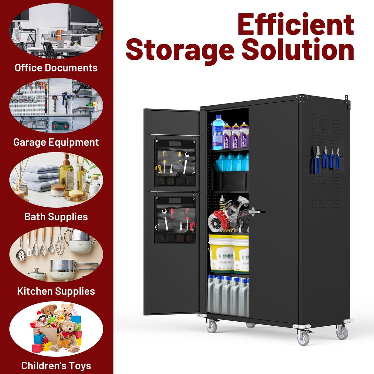 Reykilor Tall & Wide Metal Garage Storage Cabinet with 4 Adjustable Shelves, 43''W x 22''D x 72''H with Wheels & Pegboards, Heavy Duty Lockable Garage Cabinet for Warehouse, Basement, Office, Gym Reykilor