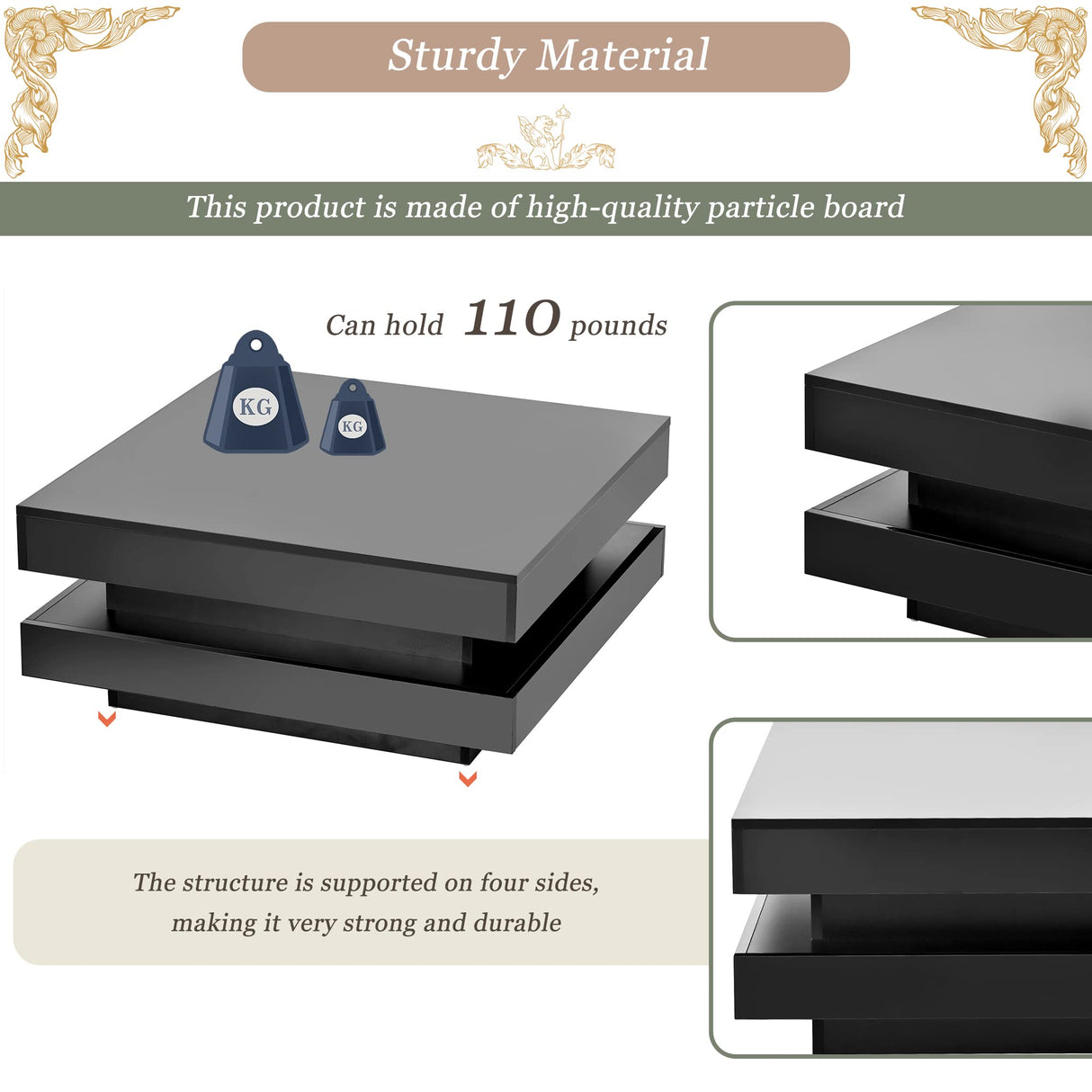 Modern Coffee Table, 2-Tier Square Coffee Table with Plug-in 16-Color LED Lights, High Gloss Coffee Table, Center Table for Living Room, 31.5”x31.5”x14.2”, Black Bellemave