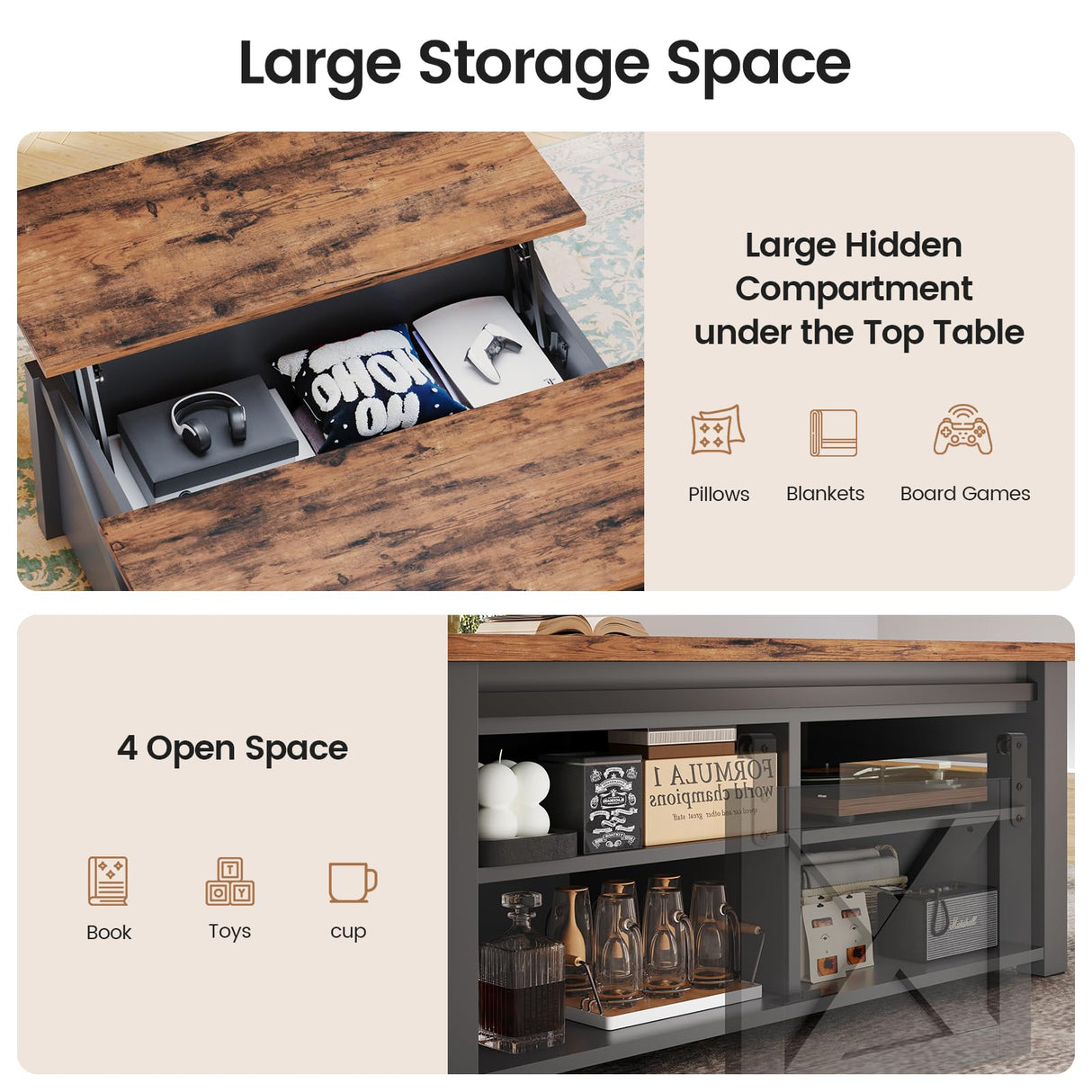 SEDETA 31.5" Lift Top Coffee Table with Storage, Square Coffee Table for Living Room, Farmhouse Coffee Table with Large Hidden Storage Compartment and Adjustable Shelves, Black SEDETA