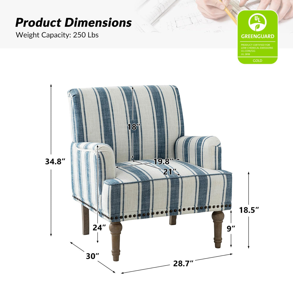 HULALA HOME Modern Armchair with Wooden Legs & Nailhead Trim, Comfy Upholstered Accent Chair for Living Room Bedroom Office(Stripe Pattern, Navy) HULALA HOME
