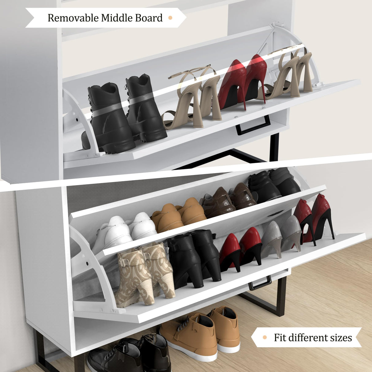 OneBlis Shoe Cabinet with 2 Flip Drawers, Freestanding Shoe Cabinet Organizer with Metal Legs, Wood Shoe Storage Cabinet for Entryway, Narrow Shoe Rack, White OneBlis