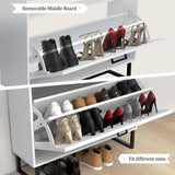 OneBlis Shoe Cabinet with 2 Flip Drawers, Freestanding Shoe Cabinet Organizer with Metal Legs, Wood Shoe Storage Cabinet for Entryway, Narrow Shoe Rack, White OneBlis