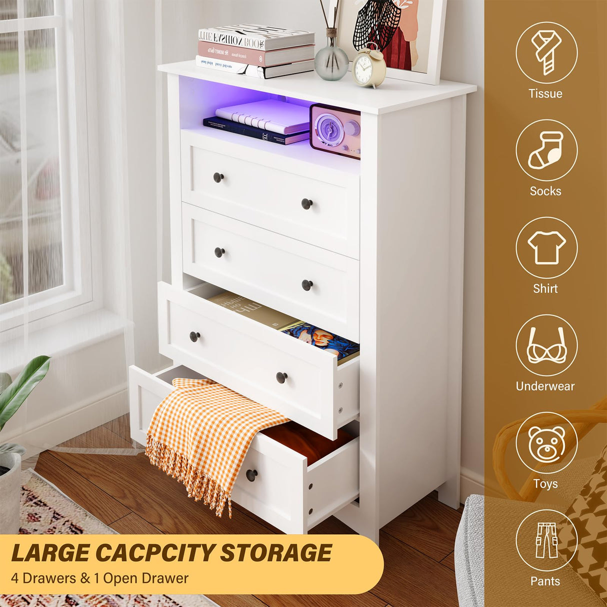 HAIOOU 4 Drawer Dresser with Open Storage Shelf, 47.4" Tall Chest of Drawers Vertical Wooden Clothing Organizer with Power Outlets and Ambiance Light for Bedroom, Closet, Hallway - Modern White HAIOOU