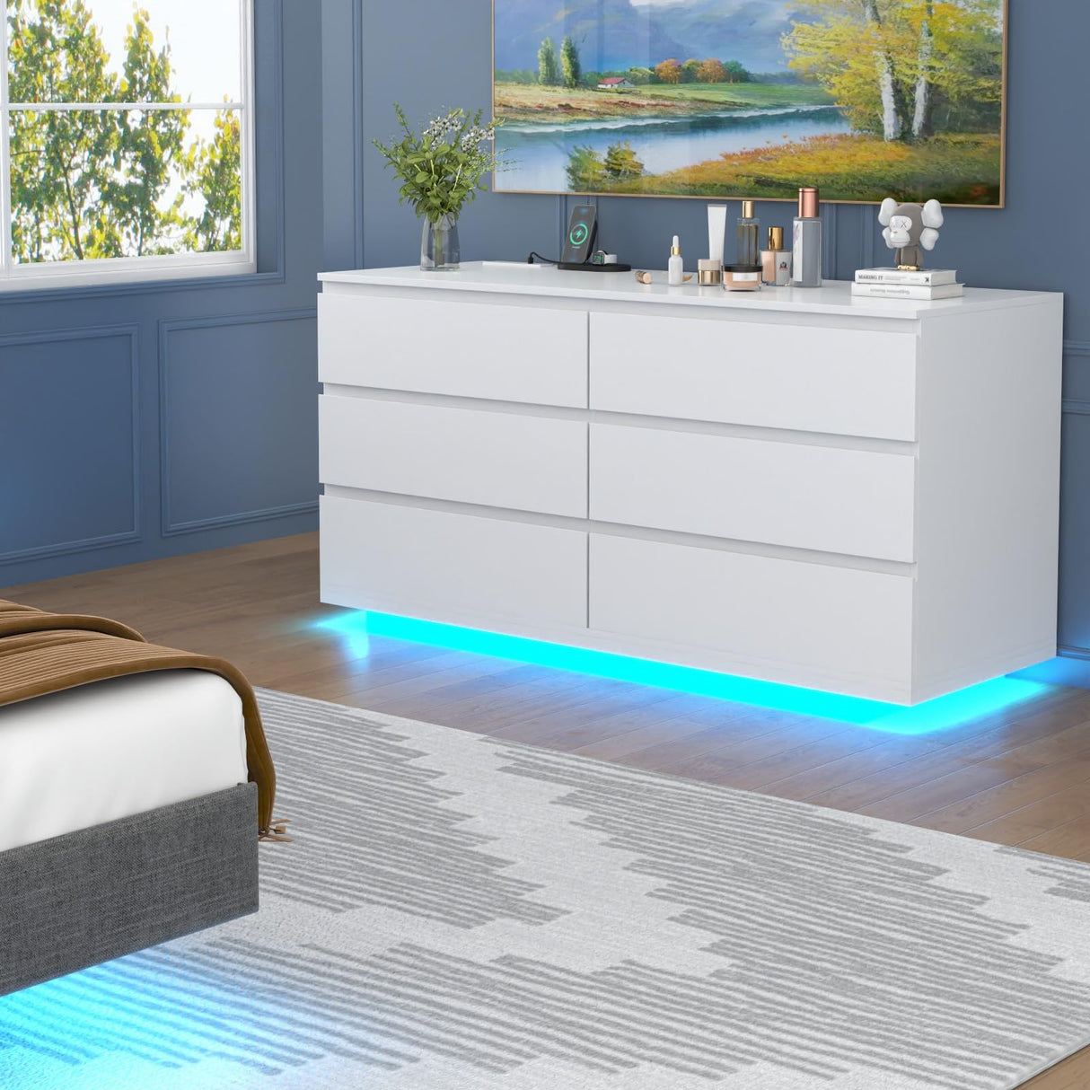 Gyfimoie 6 Drawer Dresser with Power Outlet, Floating White Dresser Chest of Drawer with LED Light,Modern Double Wide Drawer Organizer Cabinet for Bedroom,Living Room (White) Gyfimoie