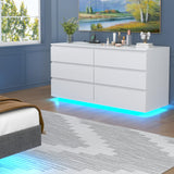 Gyfimoie 6 Drawer Dresser with Power Outlet, Floating White Dresser Chest of Drawer with LED Light,Modern Double Wide Drawer Organizer Cabinet for Bedroom,Living Room (White) Gyfimoie