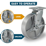 CWfutureparts 8" x 2" Caster Wheels, Heavy Duty Industrial Casters, Brake Caster Wheels with Roller Bearing - Semi Steel Cast Iron Wheels - 5200 Lbs Capacity Per Set of 4 CWfutureparts