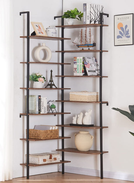 HOMISSUE Corner Bookshelf,12-Tier L Shaped Bookshelf, Double Wide Corner Wall Mount Bookcase with Metal Frame and Wood, Modern Industrial Corner Shelf for Living Room, Kitchen, Home Office Brown HOMISSUE
