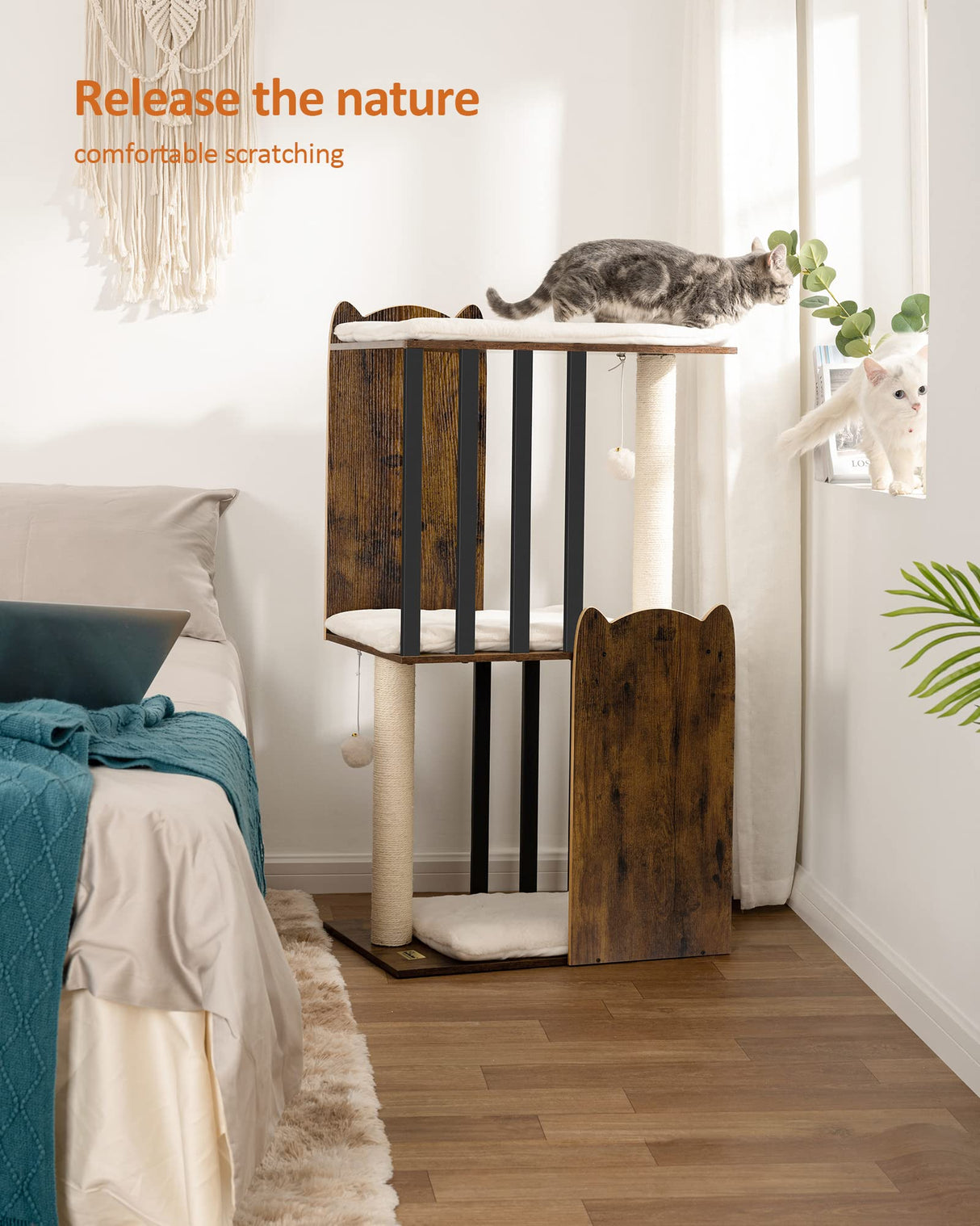 FourFurPets 43.8in 3-Tier Modern Cat Tree Tower Condo, Cat Scratch Posts for Indoor Cats, Big Plate, Two 19.7in Full Sisal Scratching Posts, Rustic Brown FourFurPets