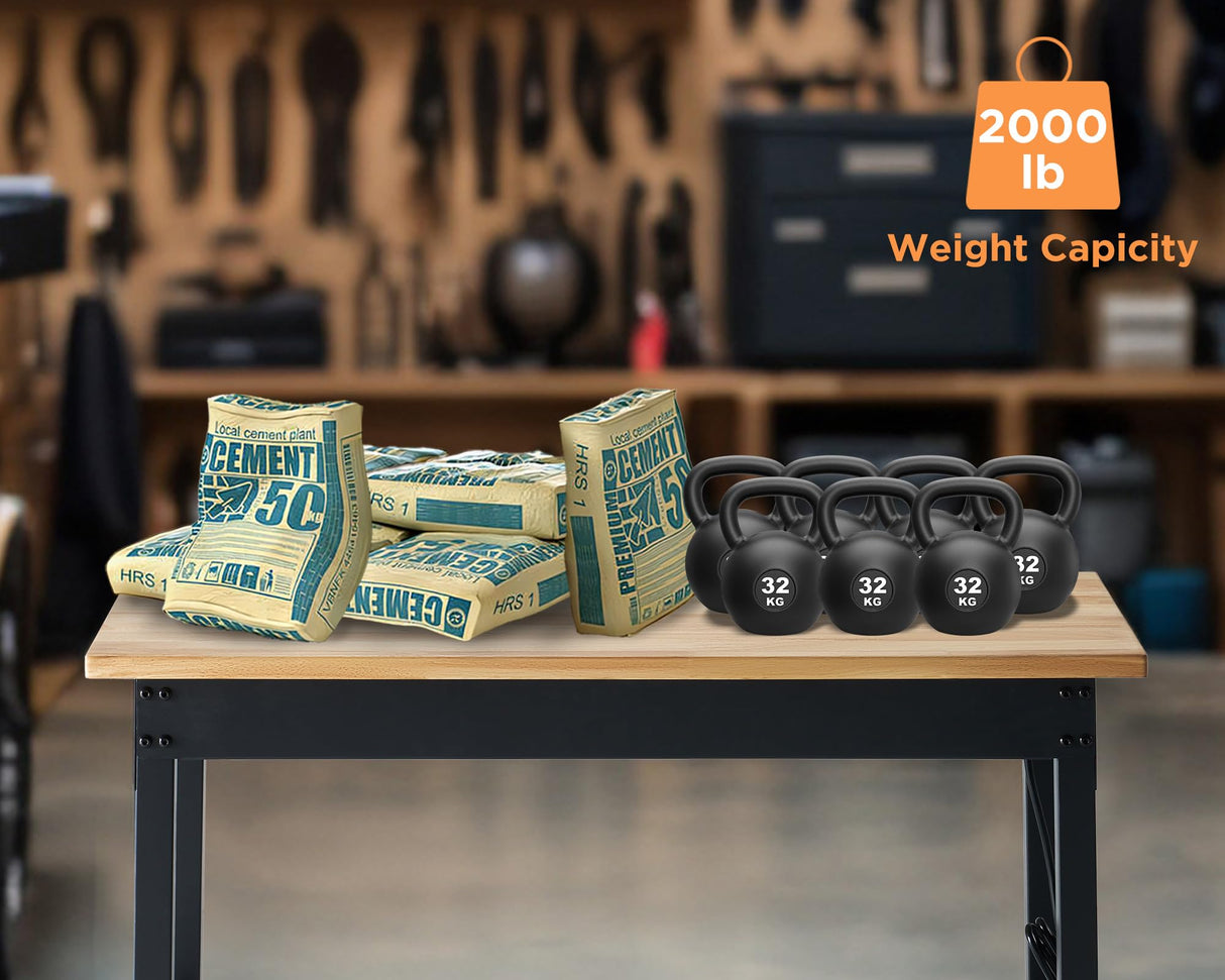 Albott Adjustable Workbench 28.7-38.6" Height, Rubber Wood Top Heavy Duty Workbench with Power Outlets & Hooks, 2000 LB Capacity Workbench for Garage, Workshop, Home & Office Albott