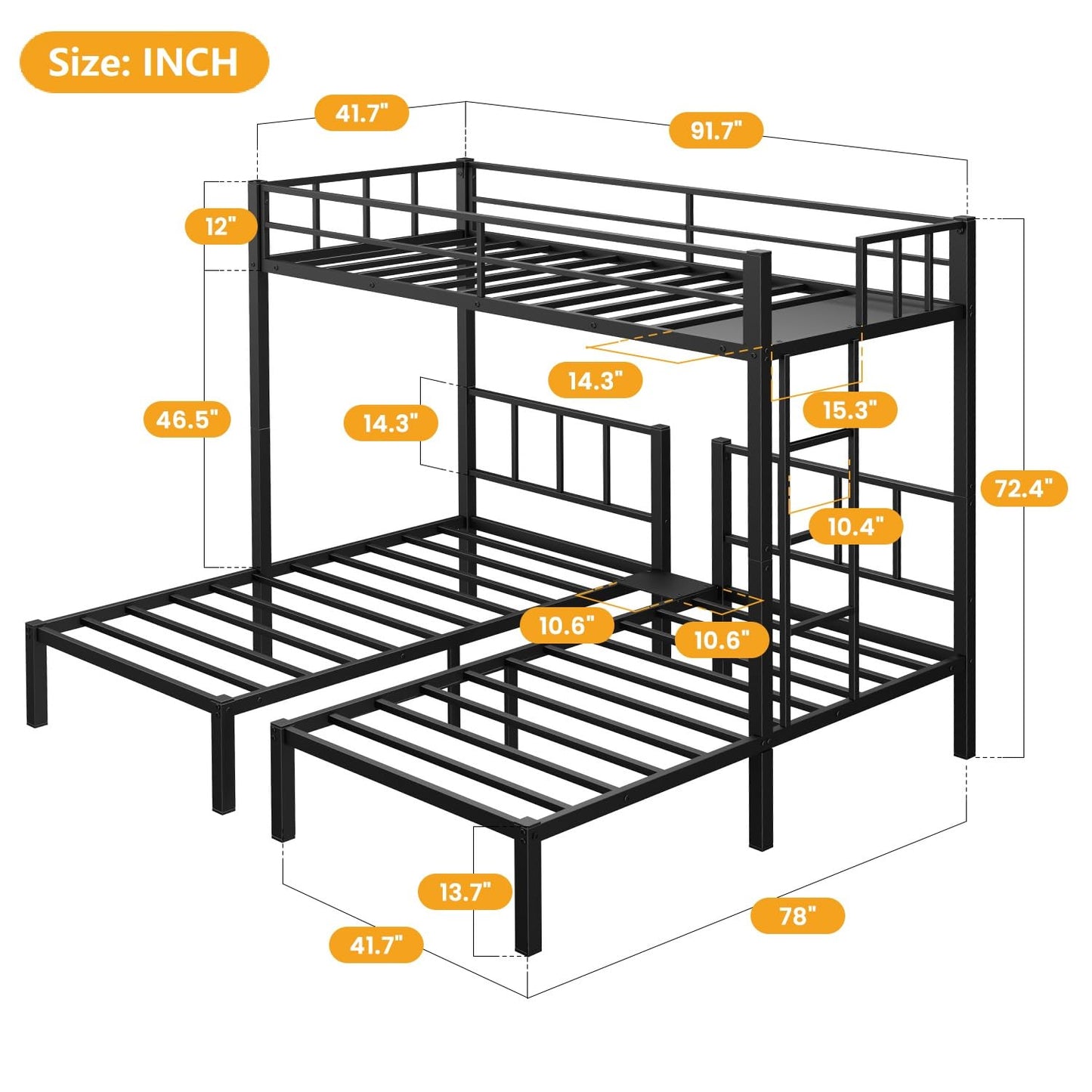 Mixcous Heavy Duty Triple Bunk Bed, Twin Over Twin Over Twin with Guardrails and Ladder, Metal Bunk Bed for 3, 3 Bed Teens and Adults, No Box Spring Needed, Black