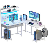SEDETA White L Shaped Gaming Desk with LED Lights and Drawers, Gaming Desk with Hutch & Pegboard, Computer Desk with Monitor Stand, Storage Shelves, Home Office Desk Corner Desk, Gaming Table SEDETA