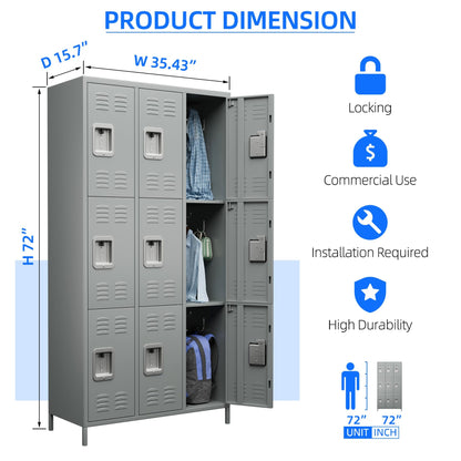 JAORD Metal Locker Storage Cabinet with 9 Doors, 72" Tall Locker for Employees, Steel Lockers for Home Office School Gym (Light Gray)