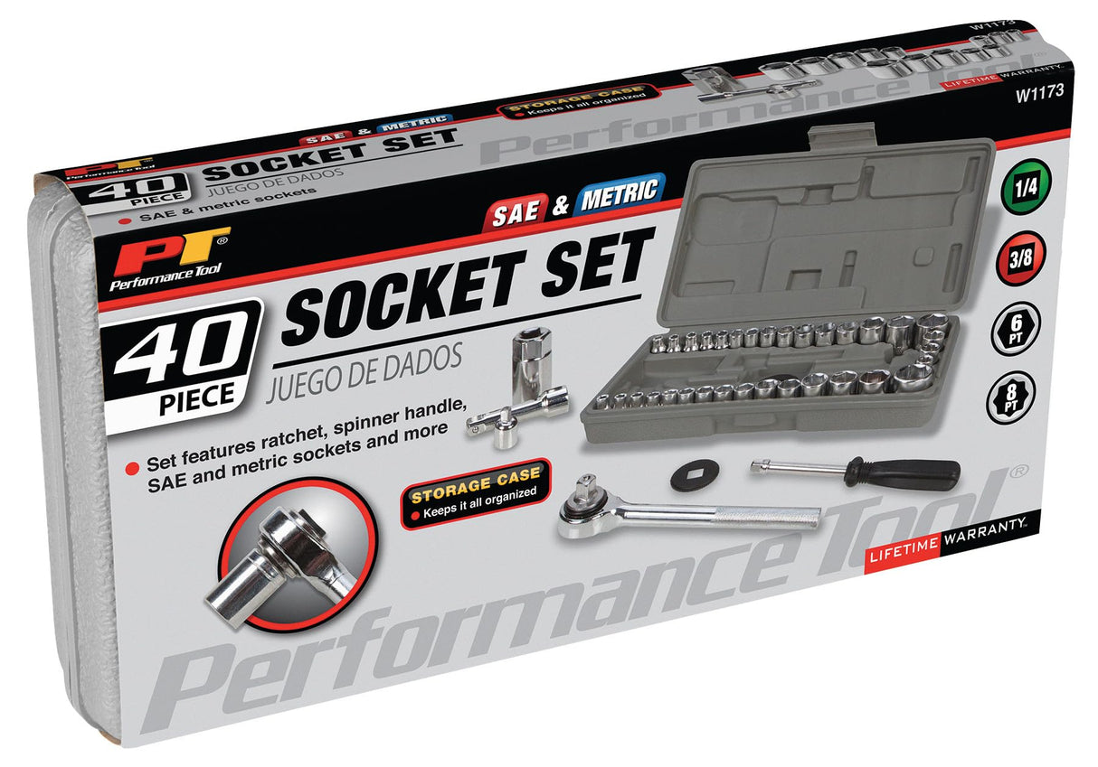 Performance Tool W1173 SAE/Metric 40-Piece SAE and Metric Socket Set, 1/4-Inch & 3/8-Inch Drive Performance Tool