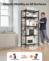 VEVOR 5-Tier Foldable Storage Shelf, 28W x 15D x 64H Inch Folding Metal Rack Shelving Unit, No Assembly Organizer Shelf with 5 Wheels & 4 Hooks for Pantry, Kitchen, Garage, Basement, Black VEVOR