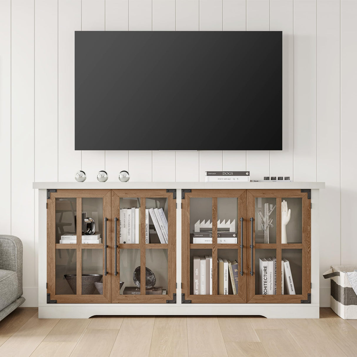 AMERLIFE 63" Buffet Sideboard Cabinet with Storage, Modern Farmhouse Cabinet with 4 Glass Doors & Adjustable Shelf, Wood Buffet Table Cabinet for Kitchen Dining Room Living Room, White AMERLIFE