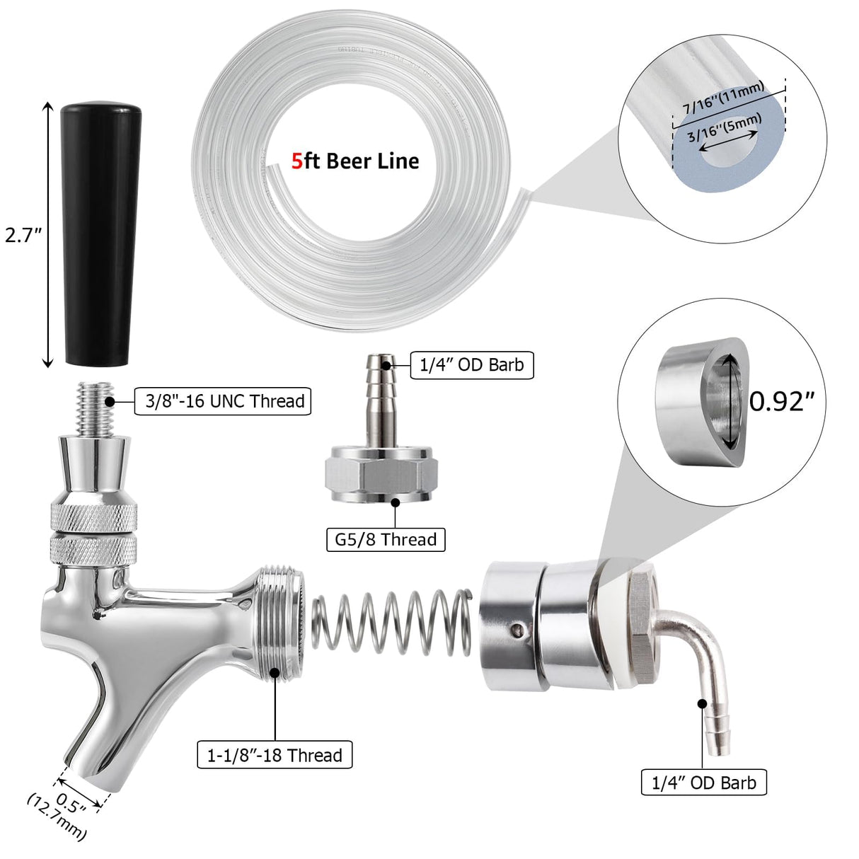 Hilangsan Draft Beer Faucet Beer Line Shank Kit Kegerator Parts Beer Tower Dispenser Replacement Set Self-Closing Beer Tap Wrench I.D.3/16” Beer Tubing 1/4”Keg Coupler Barb Cleaning Brush Tap Cover Hilangsan