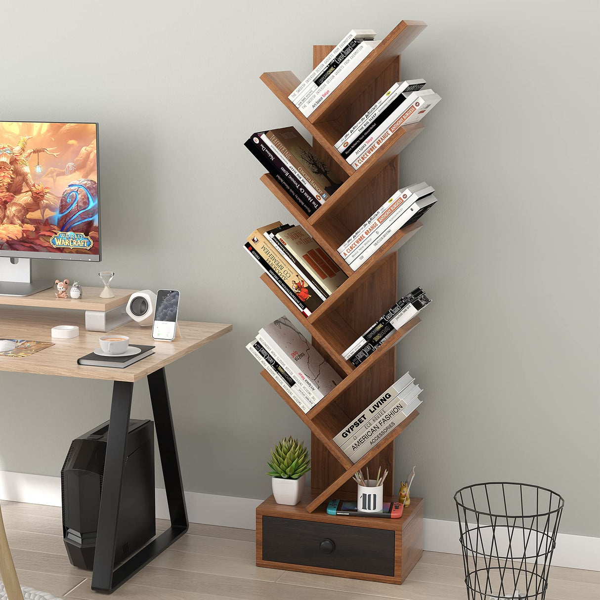OFFICEJOY 10-Tier Tree Bookshelf, Floor Standing Bookshelf with Drawer, Small Bookcase for CDs, Books, Magazines,Utility Organizer Shelves for Living Room, Study, Bedroom, Office, School, Brown OFFICEJOY