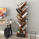 OFFICEJOY 10-Tier Tree Bookshelf, Floor Standing Bookshelf with Drawer, Small Bookcase for CDs, Books, Magazines,Utility Organizer Shelves for Living Room, Study, Bedroom, Office, School, Brown OFFICEJOY