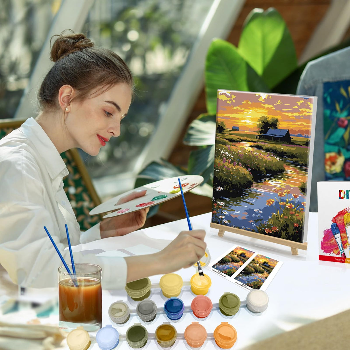 HeeBenor Framed Paint by Numbers Kit for Adults, Sunset Landscape Paint by Number with Easel, DIY Flowers Landscape Oil Painting Kit, Adult Paint by Number Kits Framed Canvas for Home Decor 8x12 Inch HeeBenor