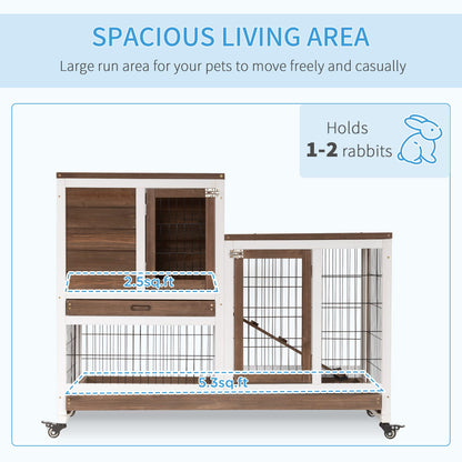 PawHut Wooden Rabbit Hutch Elevated Bunny Cage Indoor Small Animal Habitat with Enclosed Run with Wheels, Ramp, Removable Tray Ideal for Guinea Pigs, Brown