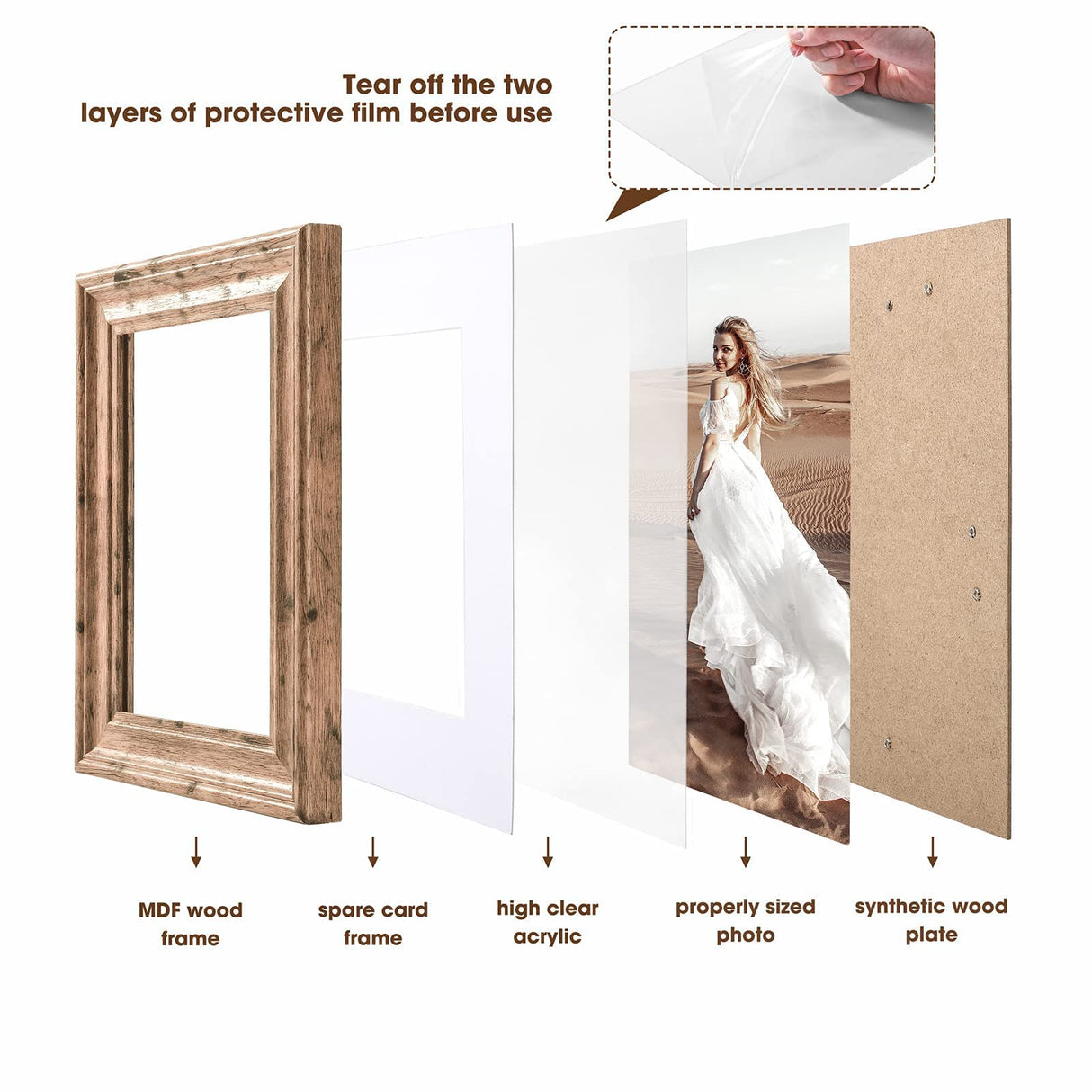 TWING 5x7 Picture Frames Set of 6, Rustic Picture Frame 4x6 with Mat or 5X7 Without Mat, Tabletop Display Wall Mounting Collage Photo Frames Brown Walnut Wood Pattern TWING