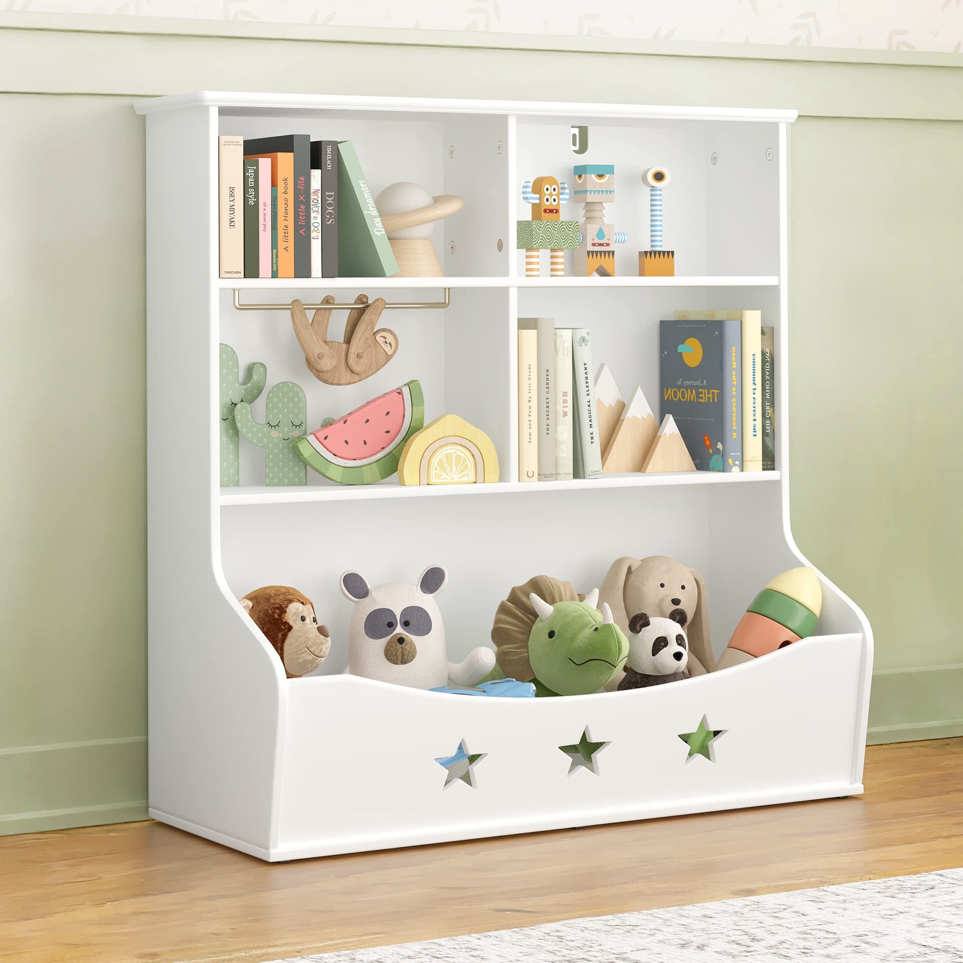 Curipeer White 3-Shelf Kids Bookshelf with 5 Cube Units and Star Pattern Toy Organizer for Playroom and Nursery - WoodArtSupply